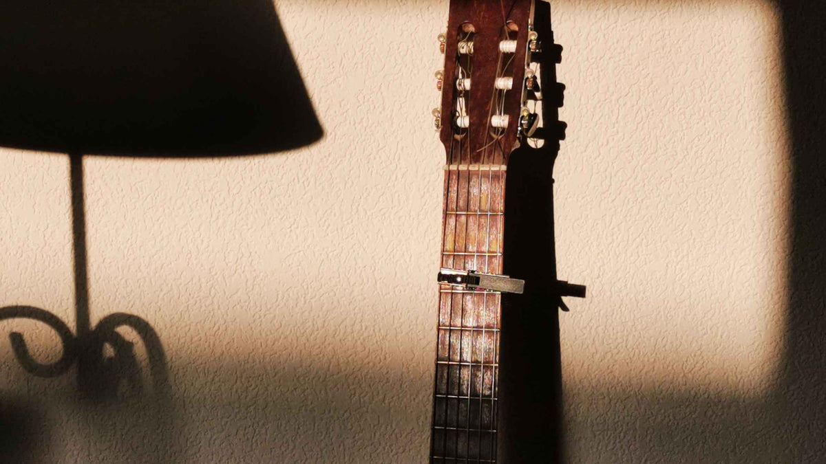 gölgeli yakın çekim gitar sapı ve kapo